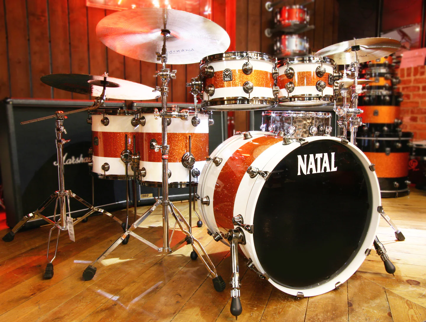 Natal 'The Originals' Split Lacquer TRC 4-Piece Maple Shell Pack in White/Orange Sparkle - Image 5