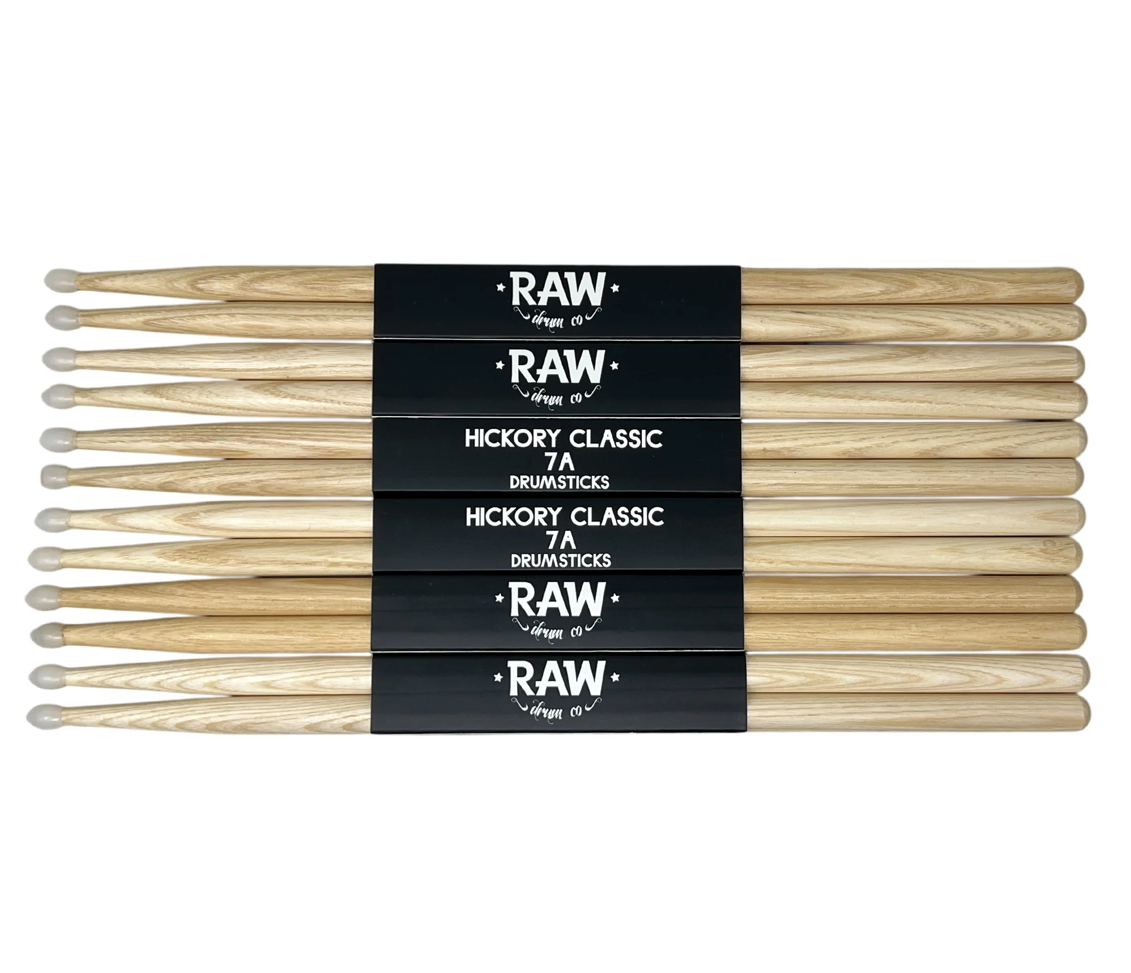 RAW Hickory Classic 7A Nylon Tip Drumsticks - 6 PACK